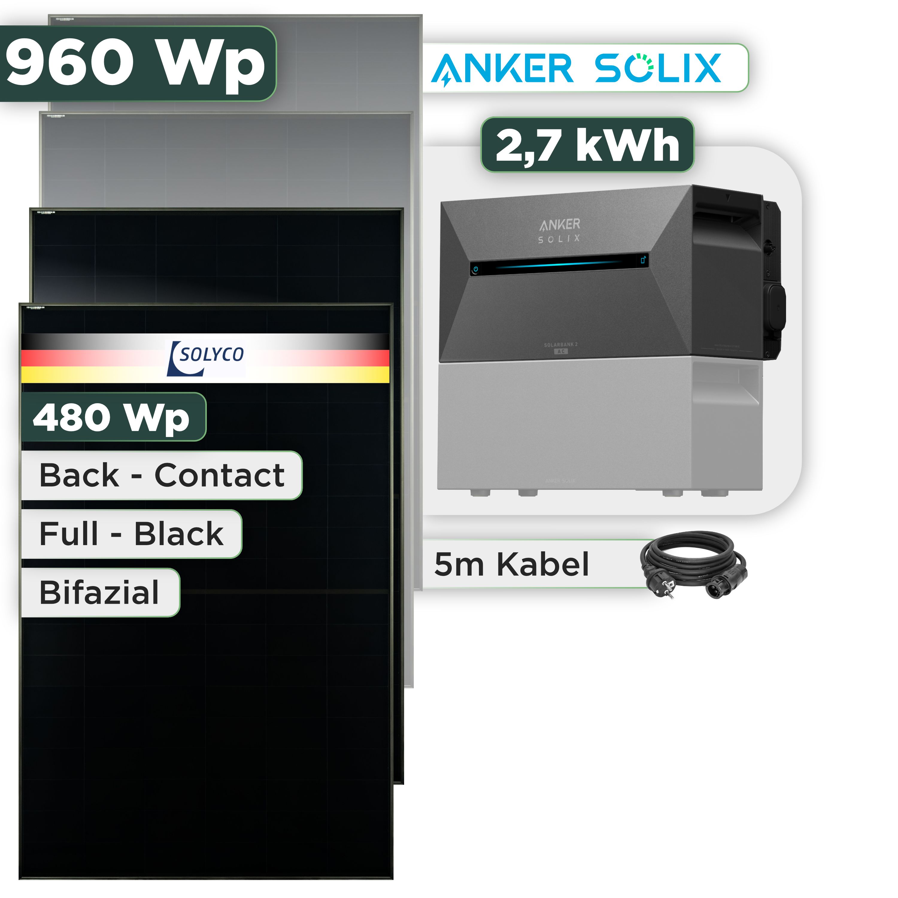Balkonkraftwerk Set 960 Wp — Anker Solarbank 3 Pro / 2,7 kWh / Solyco 480 Wp Glas-Glas Fullblack Back Contact Modul  / 2 Module / Schuko Stecker / 3 m