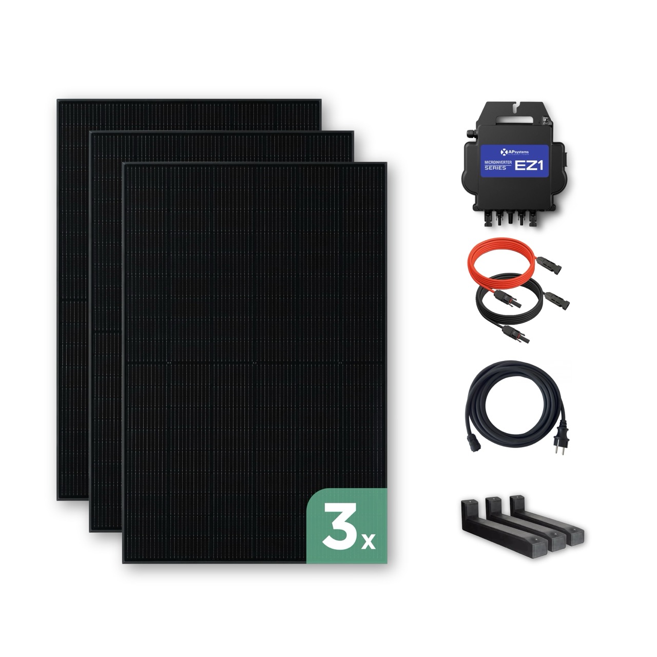 Balkonkraftwerk Flachdach 1320 Wp — APsystems EZ1-M 800 W / Trina Solar / 440 Wp (Glas-Glas + Bifazial) / Premium - Wattstone Black 15°  / eine Reihe quer / 3 Module / 20 m