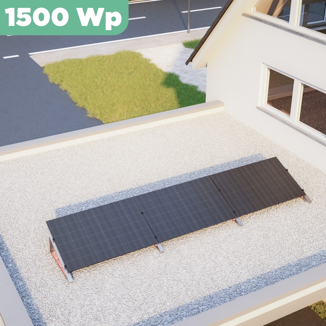 Balkonkraftwerk Flachdach 1500 Wp — APsystems EZ1-M 800 W / Trina Solar / 500 Wp (Glas-Glas Full Black) / Standard / eine Reihe quer / 3 Module / 20 m