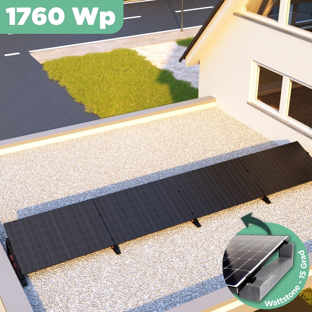 Balkonkraftwerk Flachdach 1760 Wp — APsystems EZ1-M 800 W / Trina Solar / 440 Wp (Glas-Glas + Bifazial) / Premium - Wattstone Black 15°  / eine Reihe quer / 4 Module / 20 m