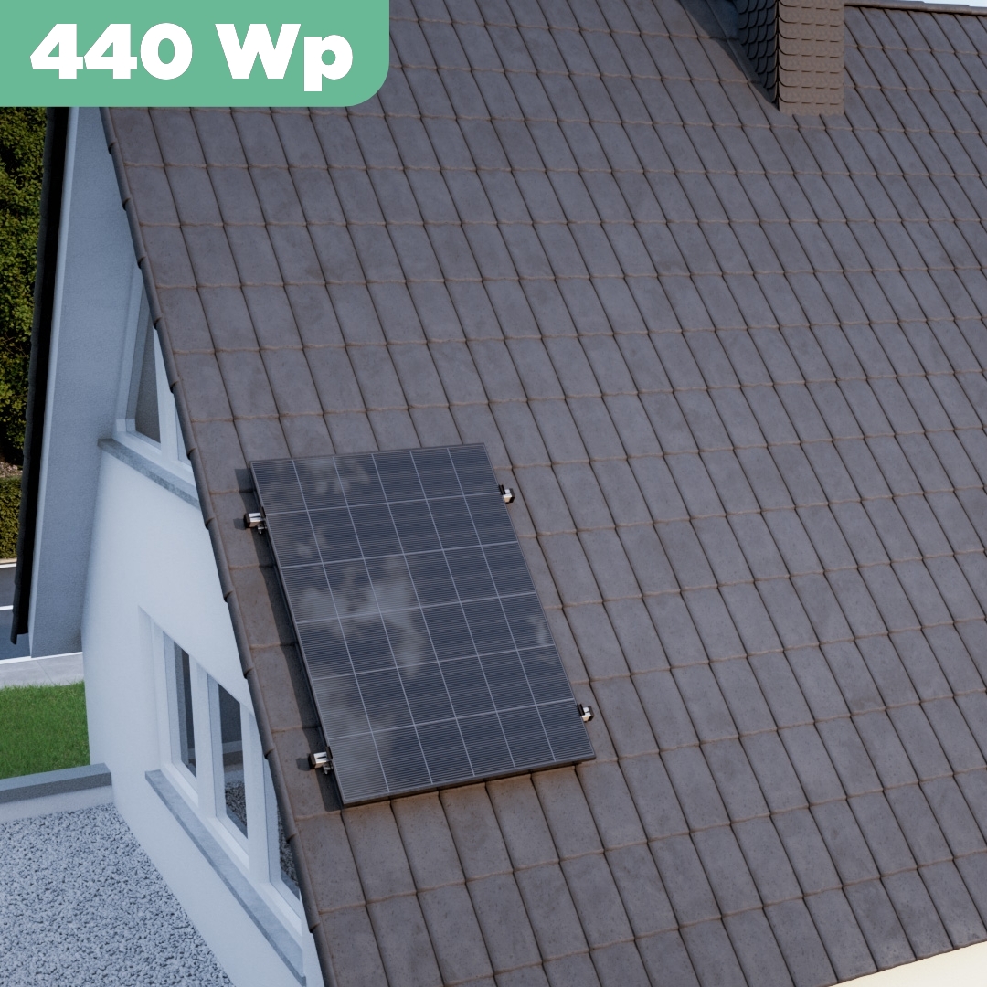 Balkonkraftwerk Ziegeldach 430 Wp — APsystems EZ1-M 800 WTrina Solar / 430 Wp (Glas-Glas + Bifazial) / Klassik Halterung / eine Reihe hochkant / 1 Modul / 20 m