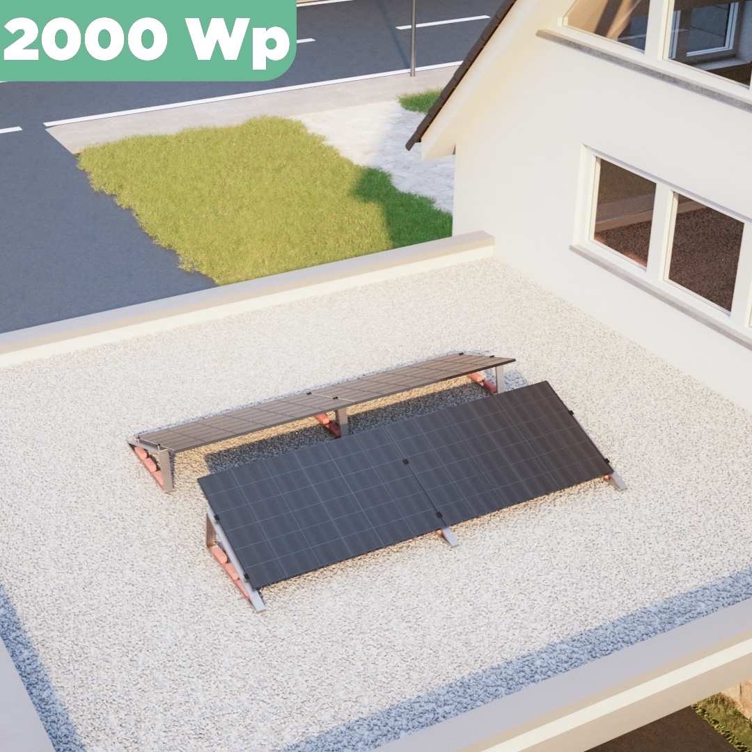 Balkonkraftwerk Flachdach 2000 Wp — APsystems EZ1-M 800 W / Trina Solar / 500 Wp (Glas-Glas Full Black) / Standard / zwei Reihen quer / 4 Module / 20 m