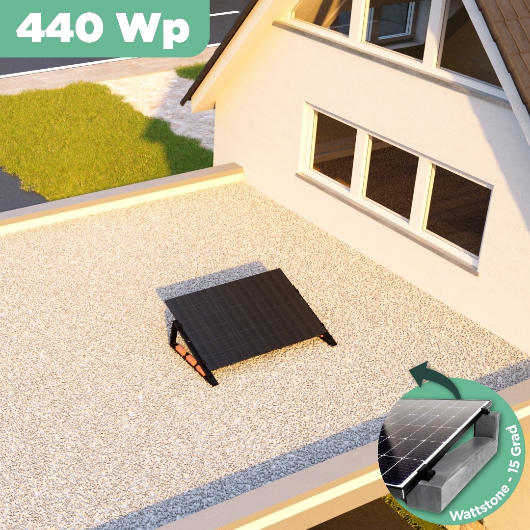 Balkonkraftwerk Flachdach 440 Wp — APsystems EZ1-M 800 W / Trina Solar / 440 Wp (Glas-Glas + Bifazial) / Premium - Wattstone Black 15°  / eine Reihe quer / 1 Modul / 20 m