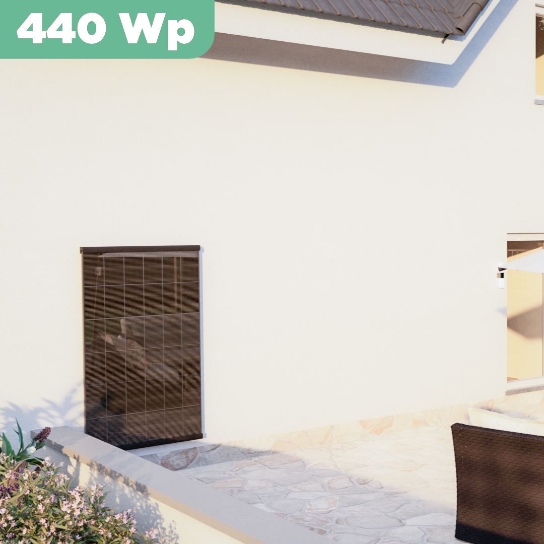 Balkonkraftwerk Wand 440 Wp — APsystems EZ1-M 800 W / Trina Solar / 440 Wp (Glas-Glas + Bifazial) / eine Reihe hochkant / 1 Modul / 20 m