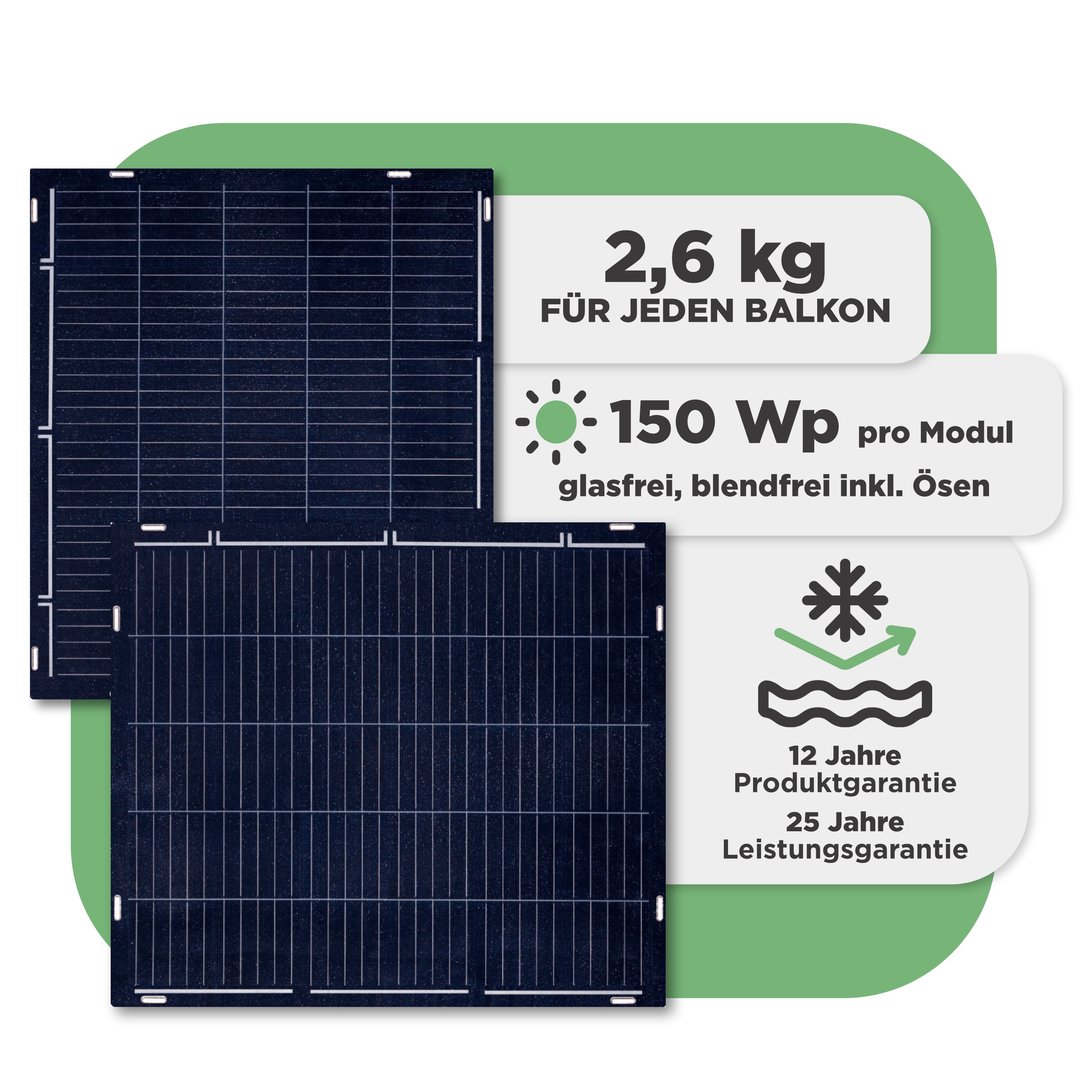 Balkonkraftwerk mit Ultraleicht-Modulen 450 Wp — APsystems EZ1-M 800 W / Sunman / 150 Wp (89 cm x 102 cm) / 3 Module / 10 m