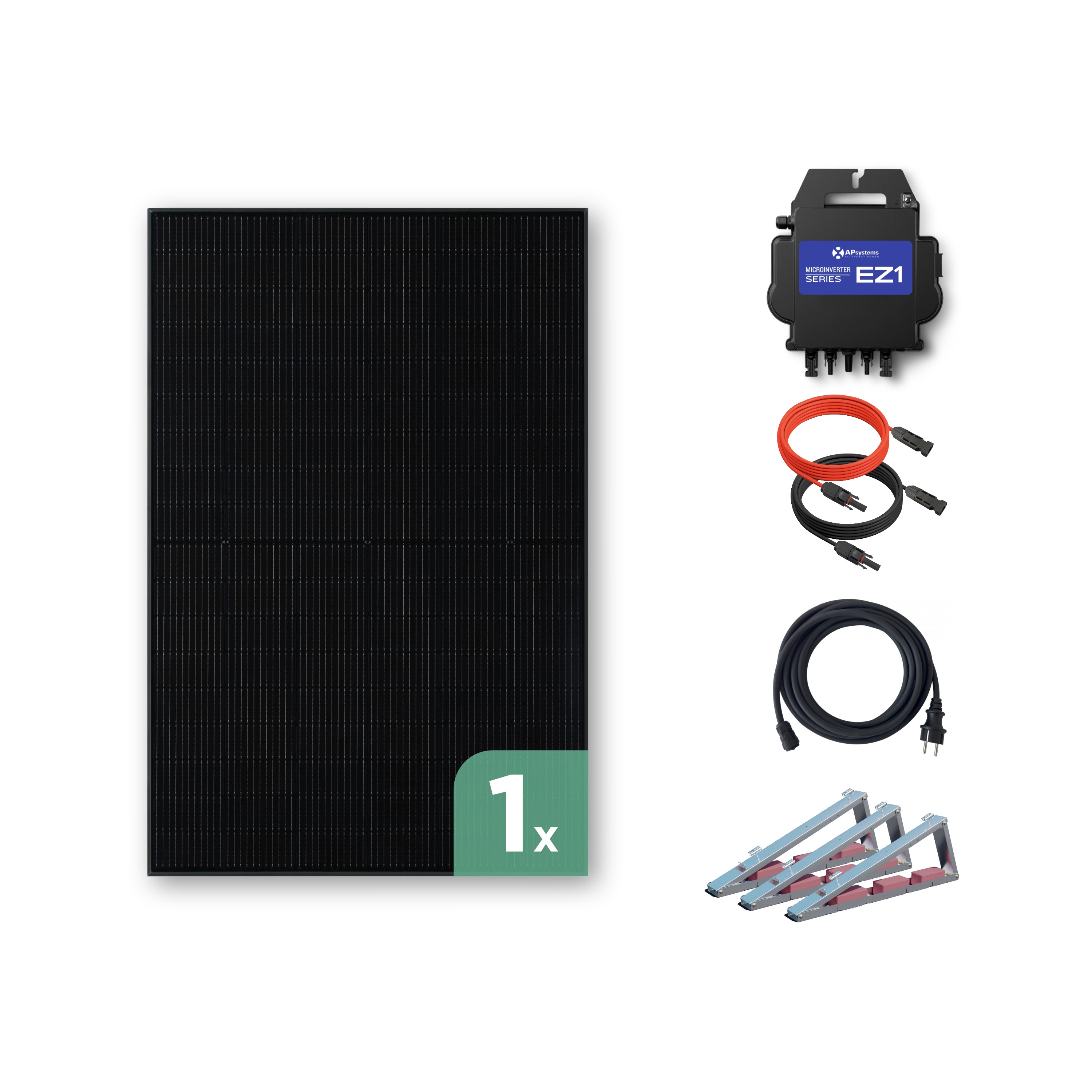 Balkonkraftwerk Flachdach 450 Wp — APsystems EZ1-M 800 W / Trina Solar / 450 Wp (Glas-Glas Full Black) / Premium - Wattstone Black 15°  / eine Reihe quer / 1 Modul / 20 m