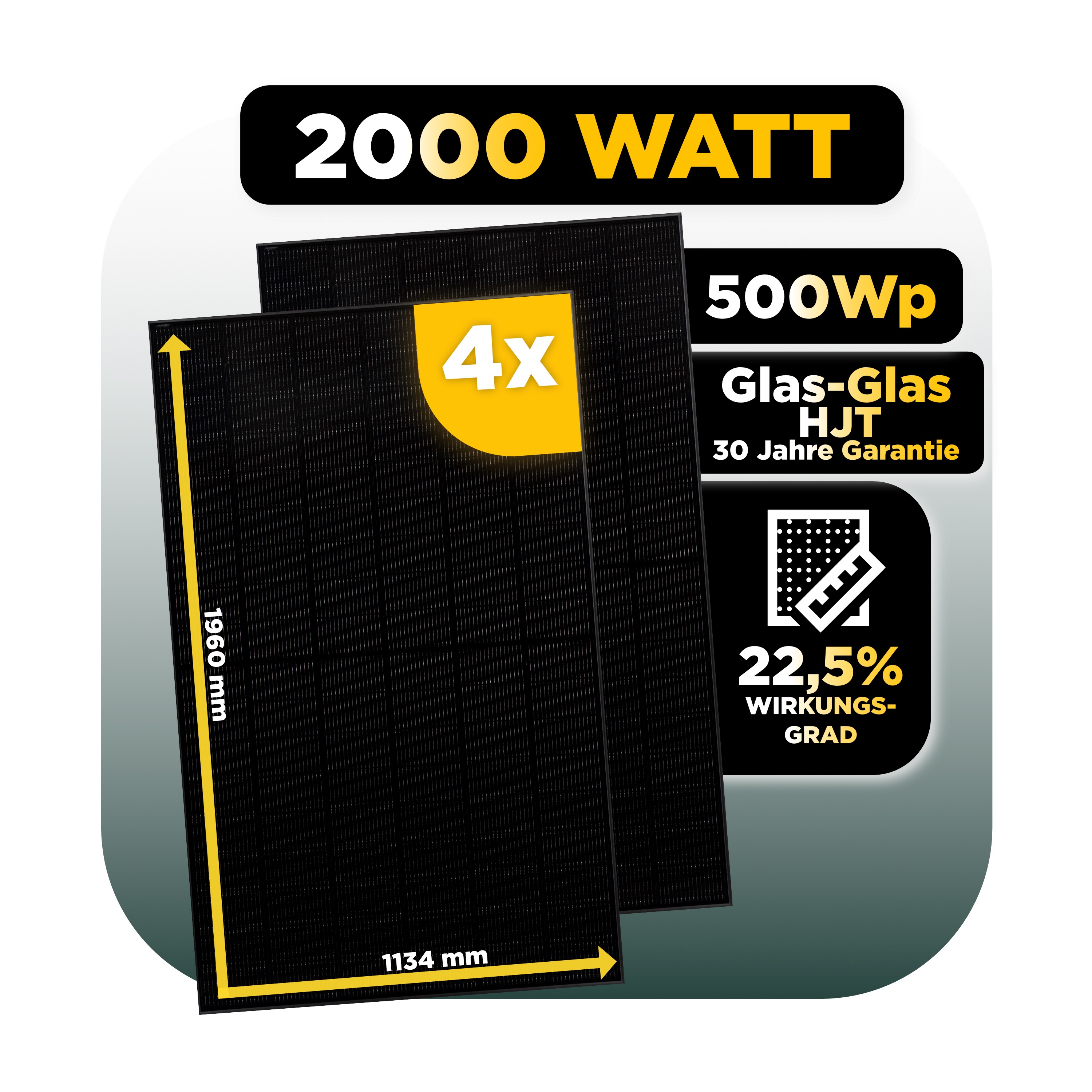 Balkonkraftwerk Basic Set 2000 Wp — Solyco 500 Wp Glas-Glas Fullblack-Modul Bifazial / 4 Module / Deye 2000 W / Schuko Stecker / 5 m