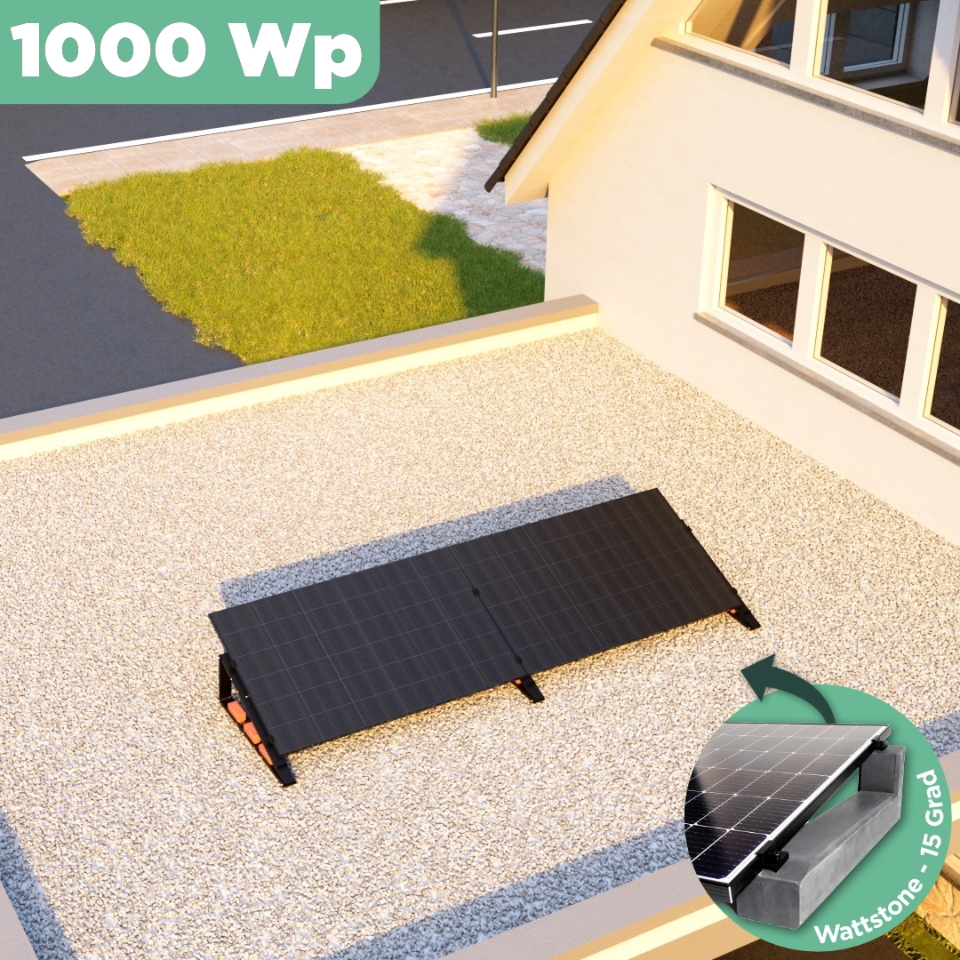 Balkonkraftwerk Flachdach 1000 Wp — APsystems EZ1-M 800 W / Trina Solar / 500 Wp (Glas-Glas Full Black) / Premium - Wattstone Black 15°  / eine Reihe quer / 2 Module / 20 m