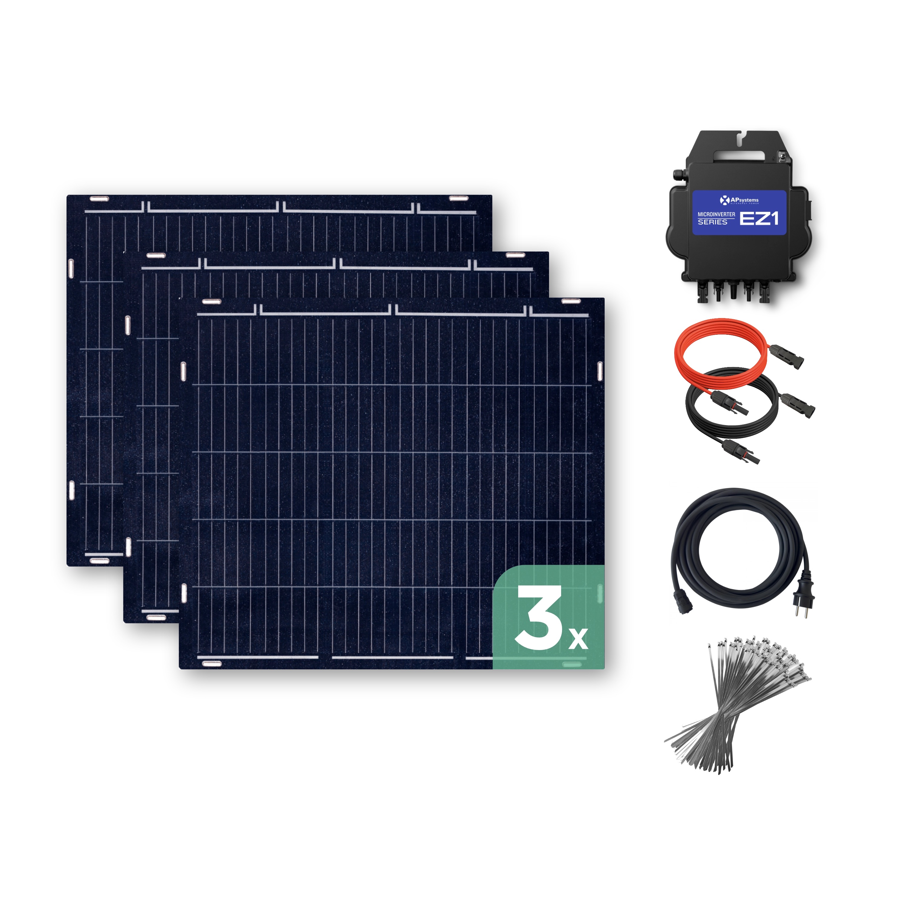 Balkonkraftwerk mit Ultraleicht-Modulen 450 Wp — APsystems EZ1-M 800 W / Sunman / 150 Wp (89 cm x 102 cm) / 3 Module / 10 m