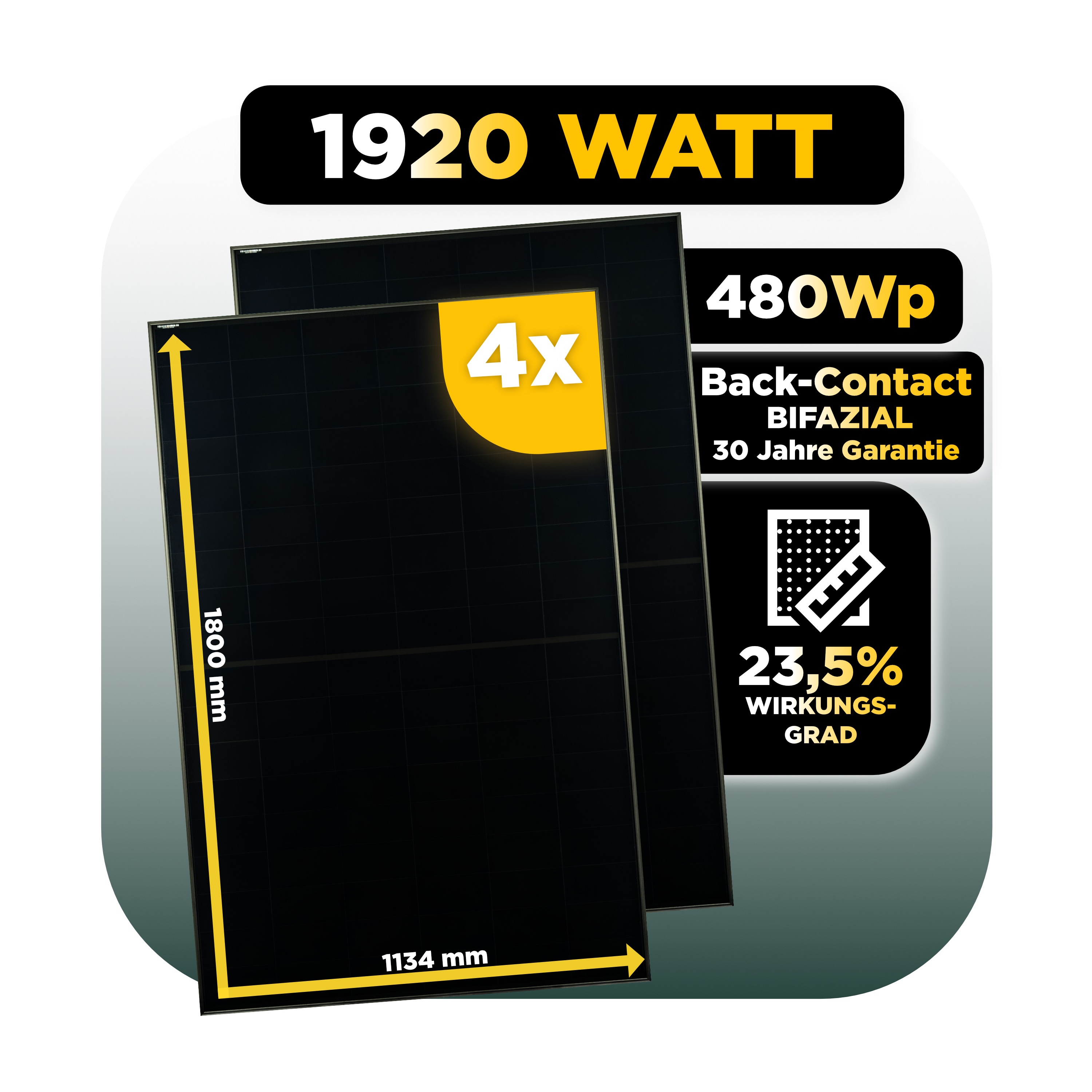 Balkonkraftwerk Basic Set 1920 Wp — Solyco 480 Wp Glas-Glas Fullblack Back Contact Modul  / 4 Module / Deye 2000 W / Schuko Stecker / 5 m