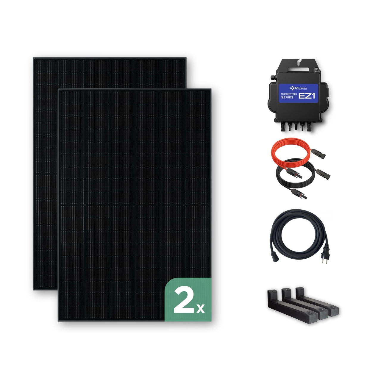 Balkonkraftwerk Flachdach 1000 Wp — APsystems EZ1-M 800 W / Trina Solar / 500 Wp (Glas-Glas Full Black) / Premium - Wattstone Black 15°  / eine Reihe quer / 2 Module / 20 m