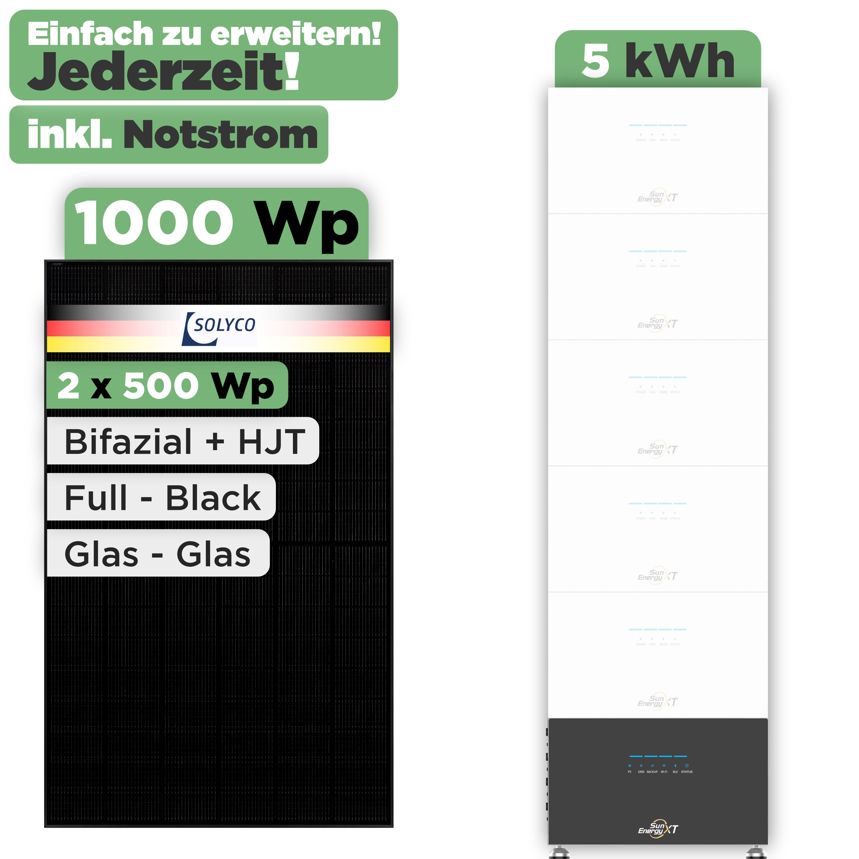 SunEnergyXT 500 Modulset 1000 Wp — SunEnergyXT 500 (800 W) / 5 kWh / Solyco 500 Wp / 2 Module