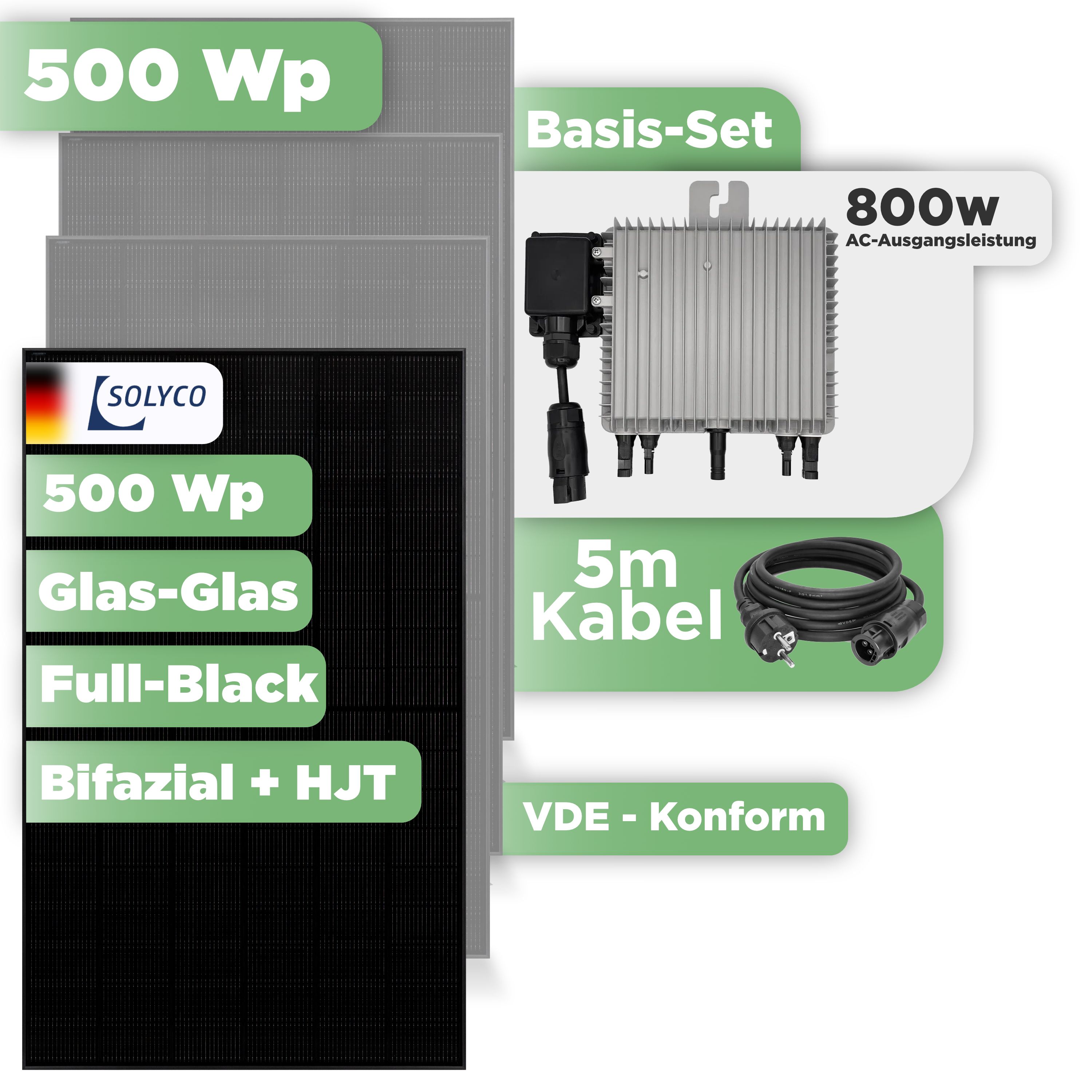 Balkonkraftwerk Basic Set 500 Wp — Solyco 500 Wp Glas-Glas Fullblack-Modul Bifazial / 1 Modul / Deye 800 W / Schuko Stecker / 5 m