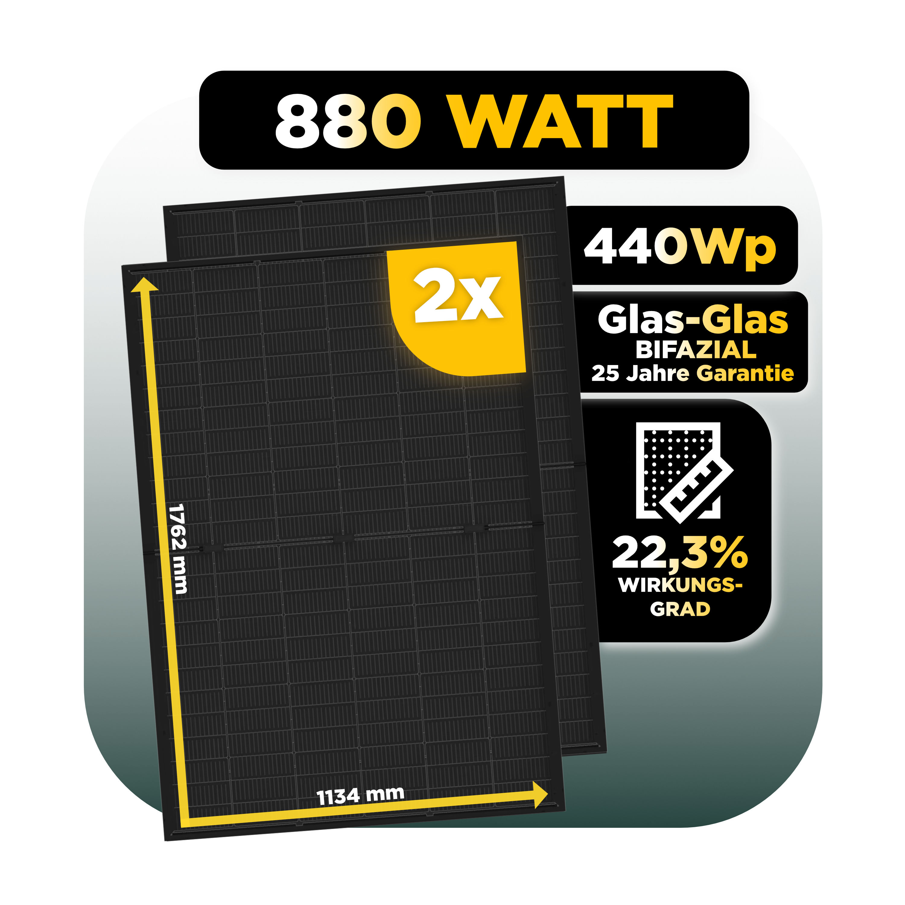 Balkonkraftwerk Basic Set 880 Wp — Trina 440 Wp Glas-Glas Bifazial Modul / 2 Module / Deye 2000 W / Wieland Stecker + Dose / 20 m