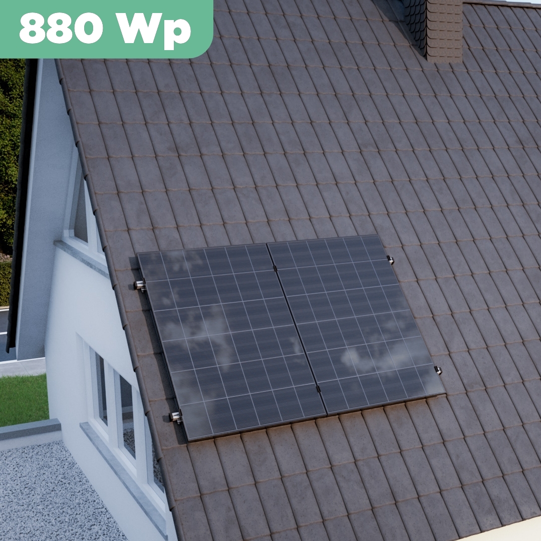 Balkonkraftwerk Ziegeldach 860 Wp — APsystems EZ1-M 800 WTrina Solar / 430 Wp (Glas-Glas + Bifazial) / Klassik Halterung / eine Reihe hochkant / 2 Module / 20 m