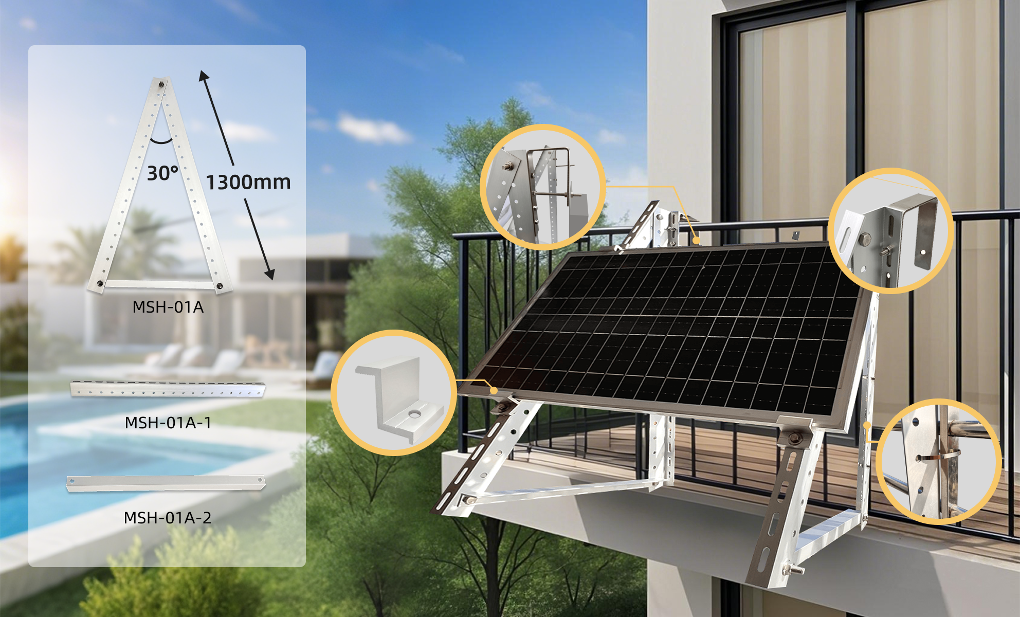 Sunlit Solar 3-in-1 Modulhalterung — Universalhalterung für Balkon, Terasse. Flachdach