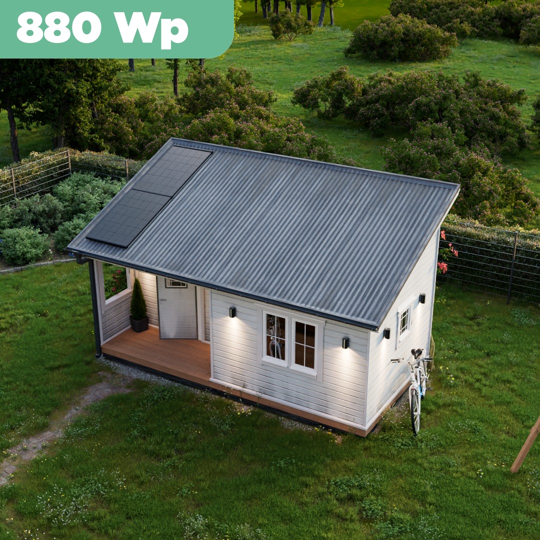 Balkonkraftwerk Trapezblech 880 Wp — APsystems EZ1-M 800 W / Trina Solar / 440 Wp (Glas-Glas + Bifazial) / Premium Halterung / zwei Reihen hochkant / 2 Module / 20 m