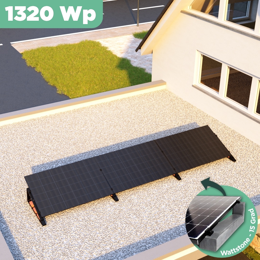Balkonkraftwerk Flachdach 1320 Wp — APsystems EZ1-M 800 W / Trina Solar / 440 Wp (Glas-Glas + Bifazial) / Premium - Wattstone Black 15°  / eine Reihe quer / 3 Module / 20 m