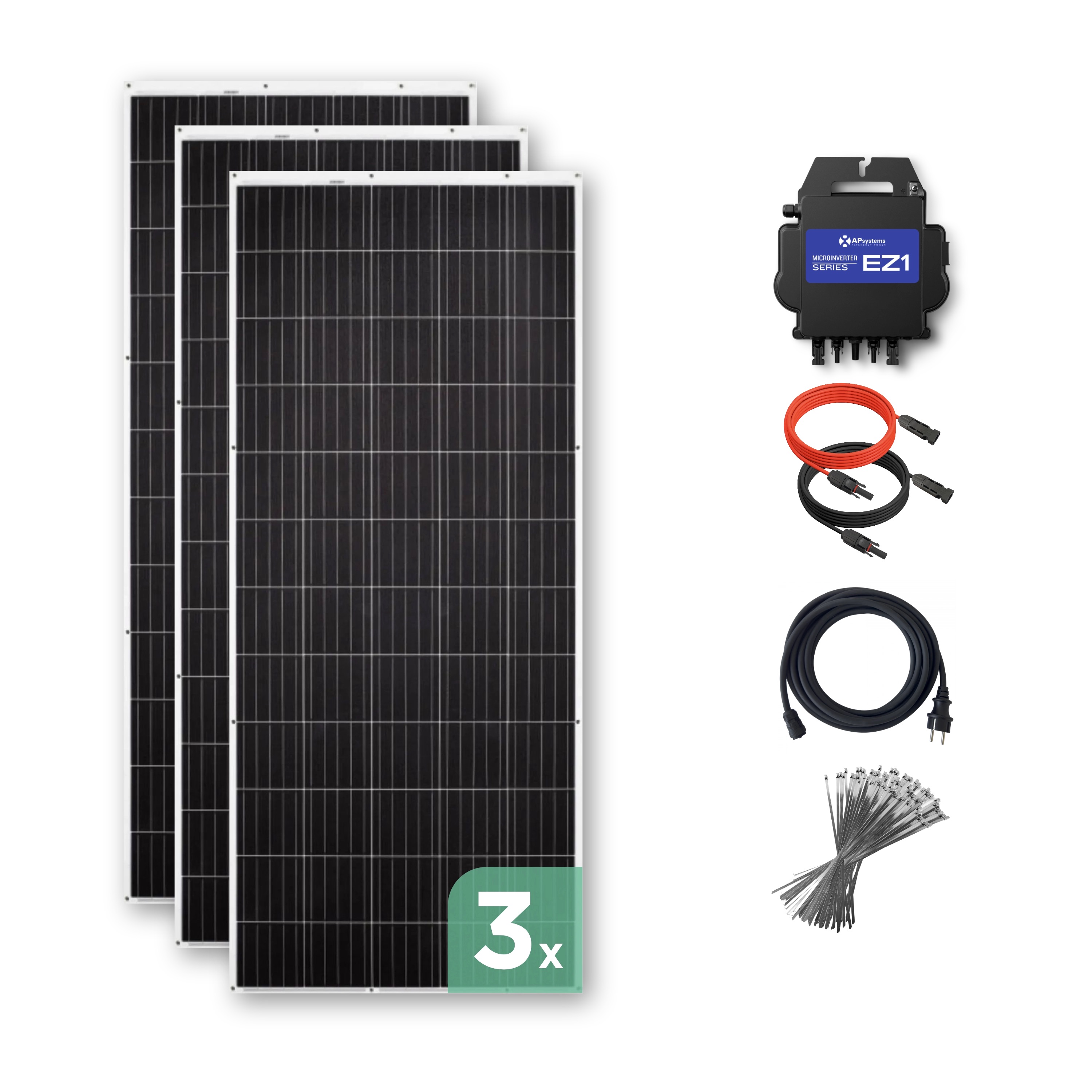Balkonkraftwerk mit Ultraleicht-Modulen 930 Wp — APsystems EZ1-M 800 W / Sunman / 310 Wp (89 cm x 201 cm) / 3 Module / 5 m
