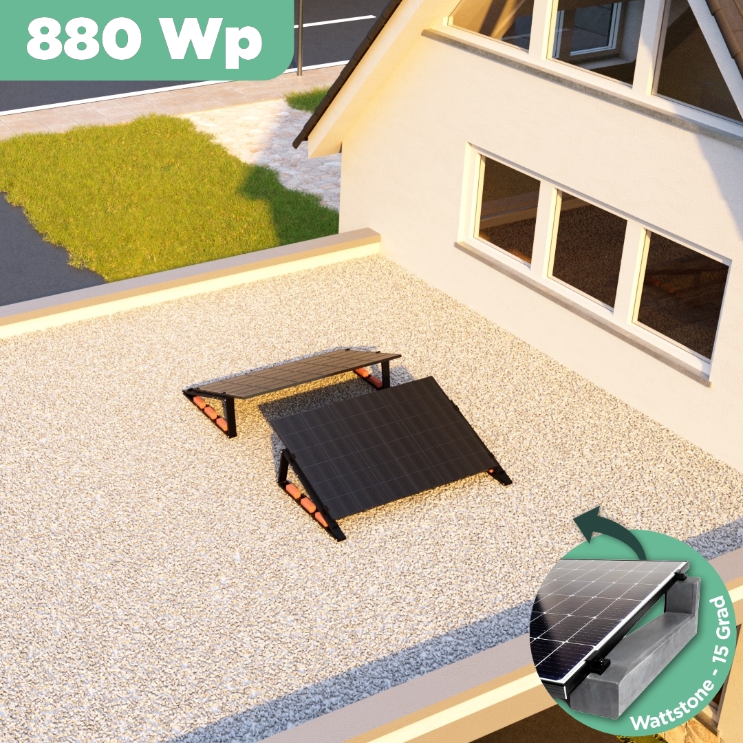 Balkonkraftwerk Flachdach 880 Wp — APsystems EZ1-M 800 W / Trina Solar / 440 Wp (Glas-Glas + Bifazial) / Premium - Wattstone Black 15°  / zwei Reihen quer / 2 Module / 20 m