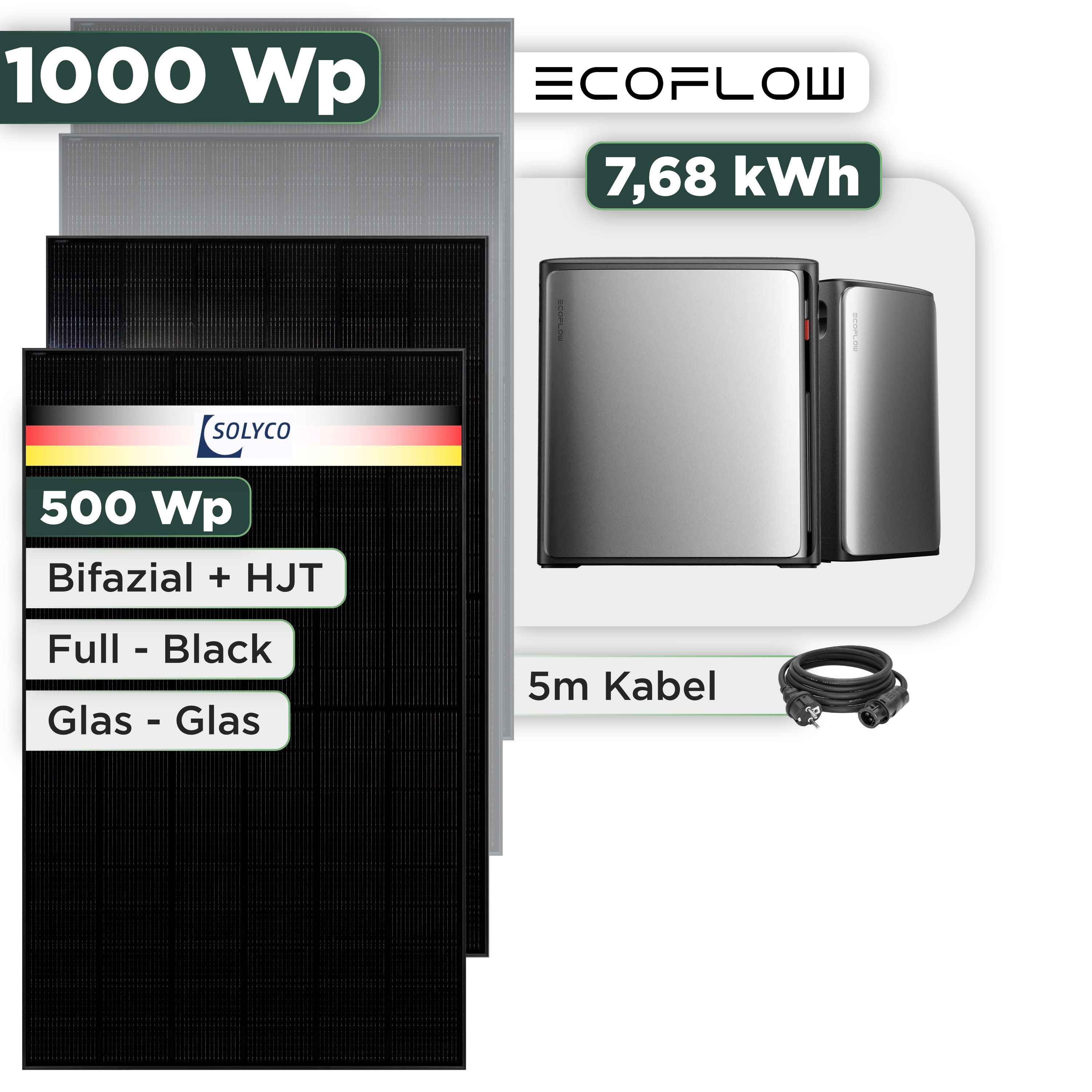 Balkonkraftwerk Set 1000 Wp — Ecoflow Stream Ultra X / 7,68 kWh / Solyco 500 Wp Glas-Glas Fullblack-Modul Bifazial / 2 Module / Schuko Stecker / 1,5 m