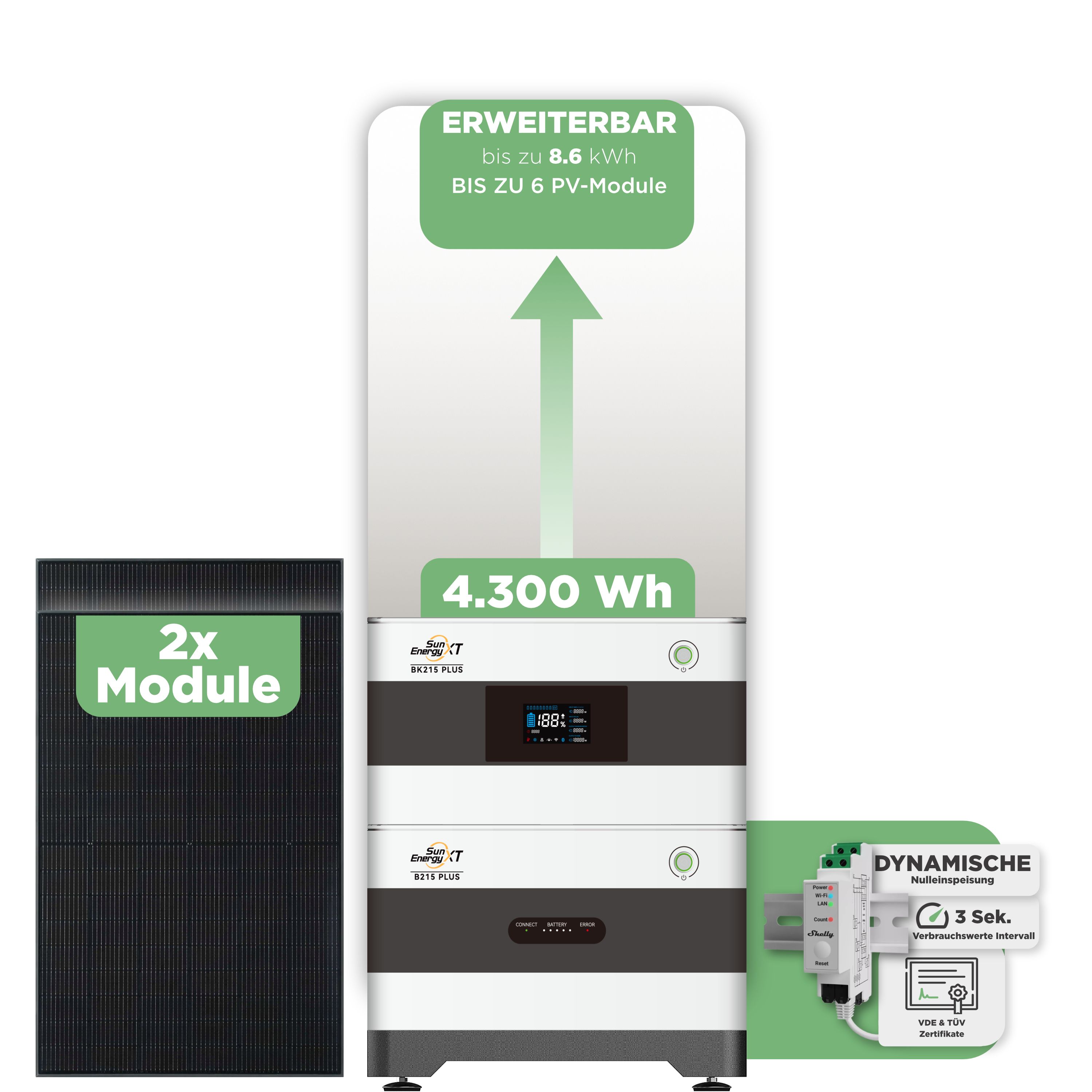 SunEnergyXT Balkonkraftwerkspeicher — 4.300 Wh / mit Shelly 3EM Pro / 2 x Trina 440 Wp Bifazial