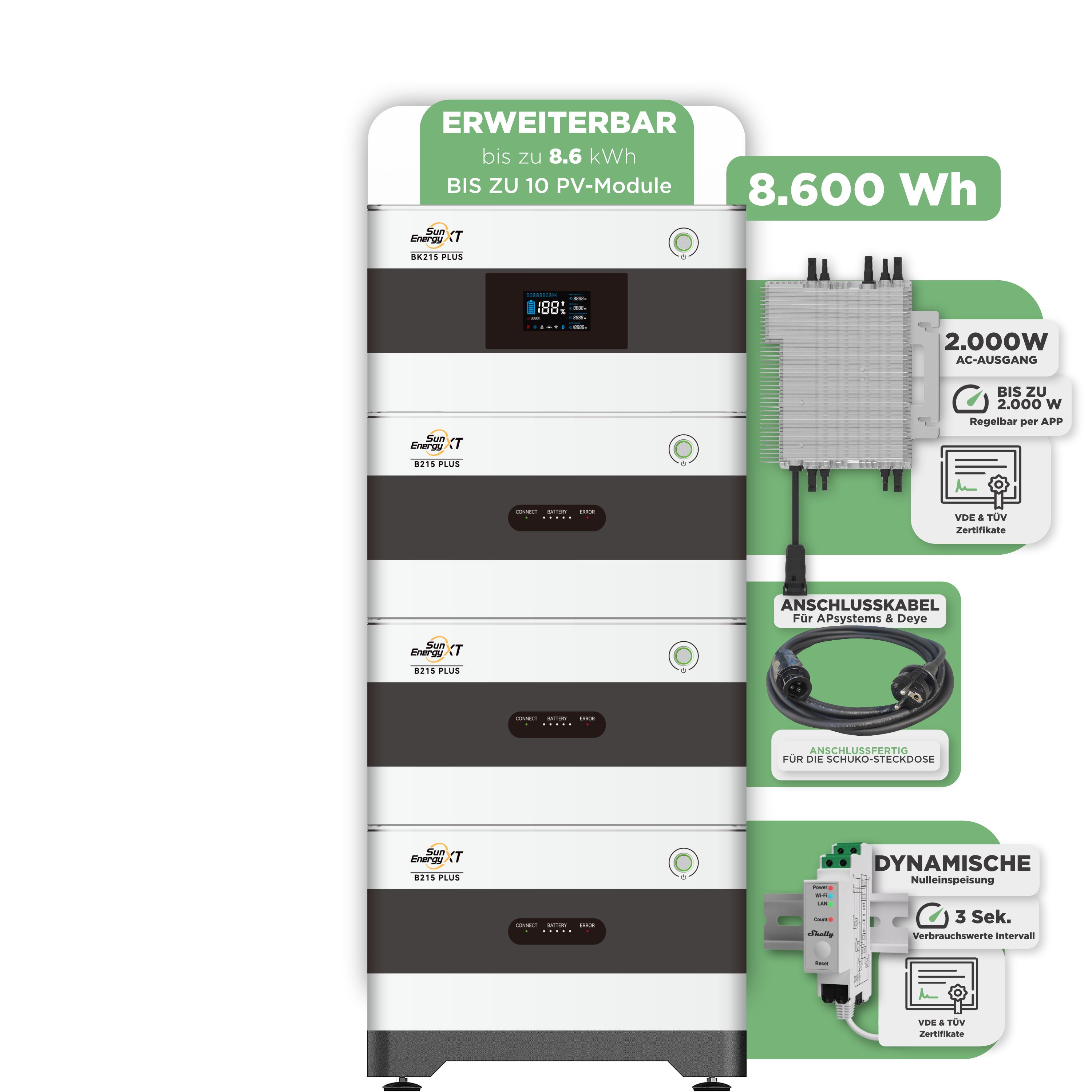SunEnergyXT Balkonkraftwerkspeicher — 8.600 Wh / mit Shelly 3EM Pro / 2000 W (Deye-SUN-M) / 5 m Schuko Kabel