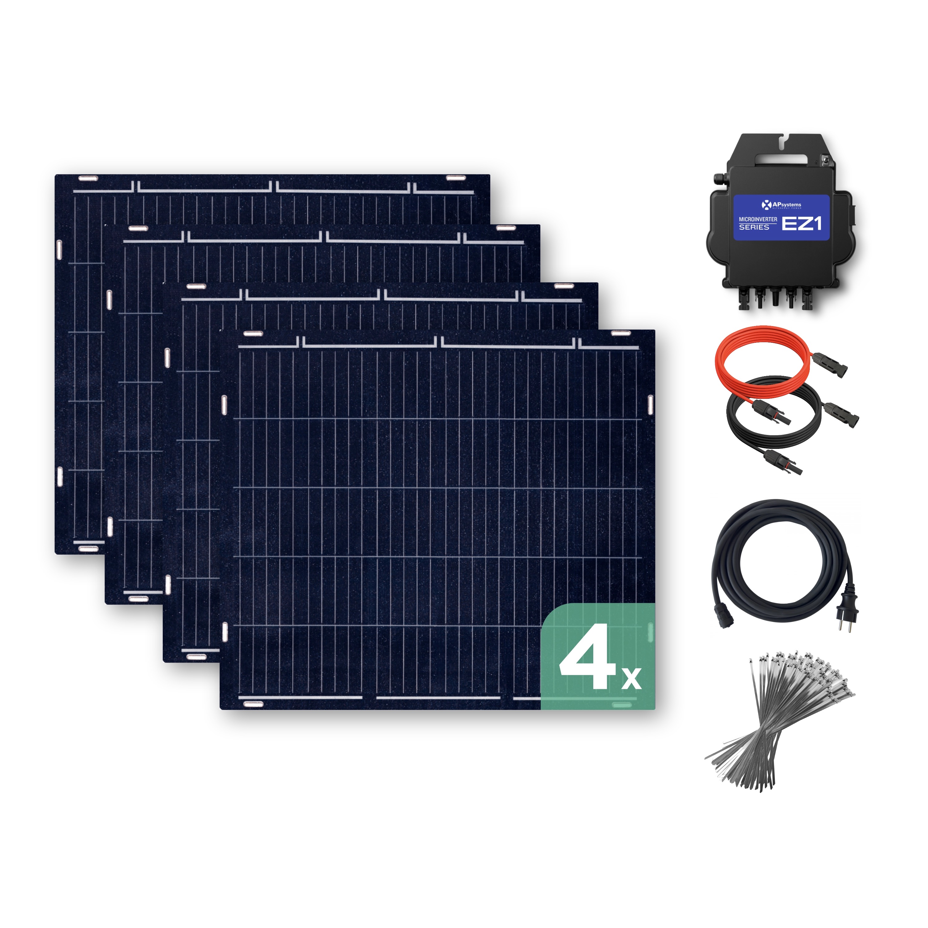 Balkonkraftwerk mit Ultraleicht-Modulen 600 Wp — APsystems EZ1-M 800 W / Sunman / 150 Wp (89 cm x 102 cm) / 4 Module / 10 m